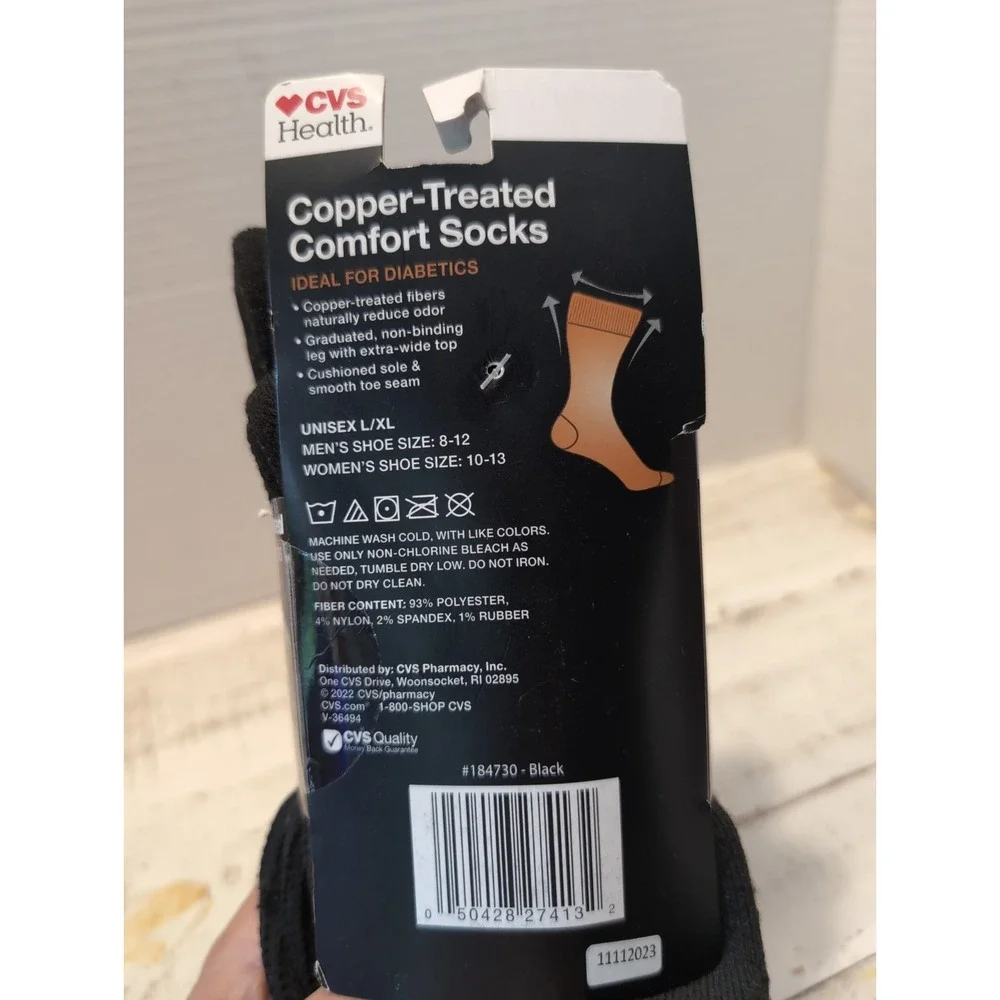1 Pk. Copper-Treated Comfort Unisex Crew Socks Size L/XL Black 3 pairs (K23)